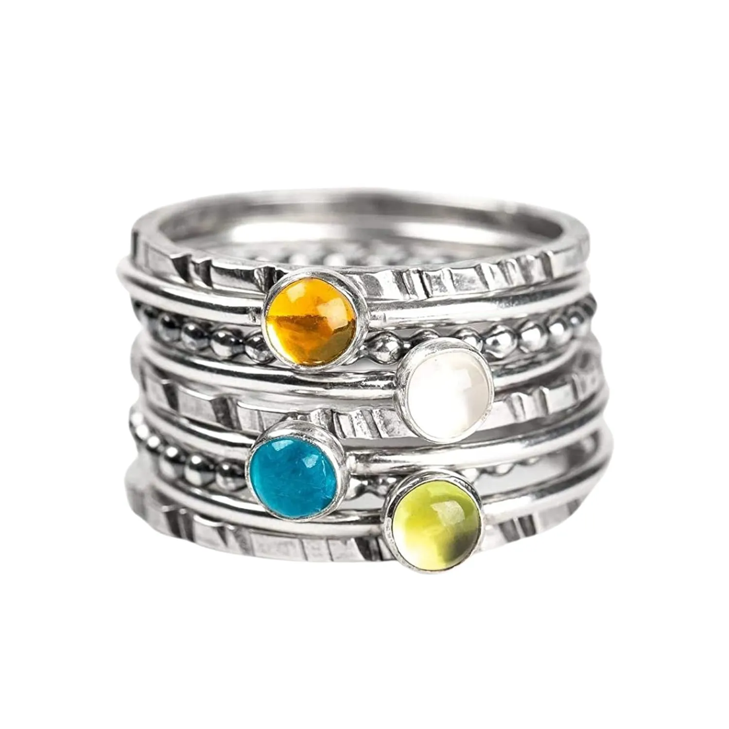 Set of 9 Colorful Stacking Rings | Sterling Silver Stackable Stack Ring Bands with Gemstones | Multiple Options | USA Sizes 4-12 (8.5, Citrine & Moonstone & Apatite & Peridot)