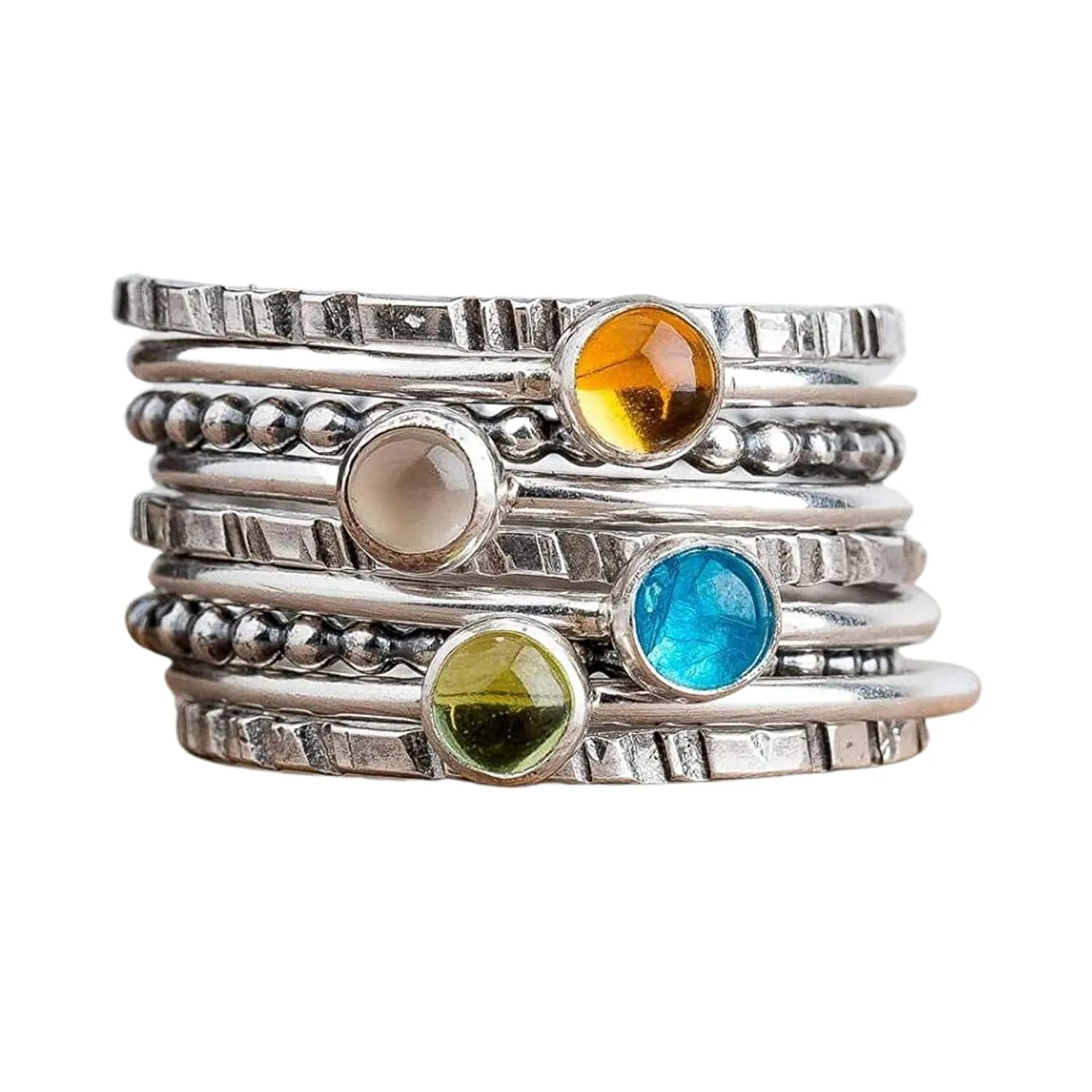 Set of 9 Colorful Stacking Rings | Sterling Silver Stackable Stack Ring Bands with Gemstones | Multiple Options | USA Sizes 4-12 (8.5, Citrine & Moonstone & Apatite & Peridot)