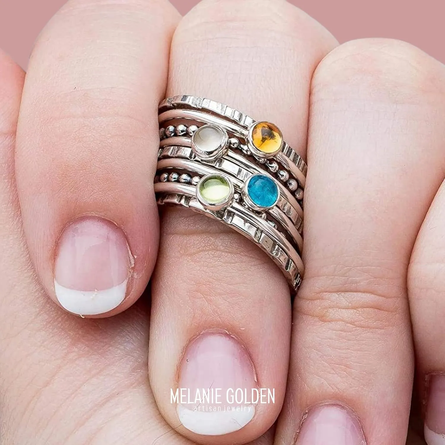 Set of 9 Colorful Stacking Rings | Sterling Silver Stackable Stack Ring Bands with Gemstones | Multiple Options | USA Sizes 4-12 (8.5, Citrine & Moonstone & Apatite & Peridot)