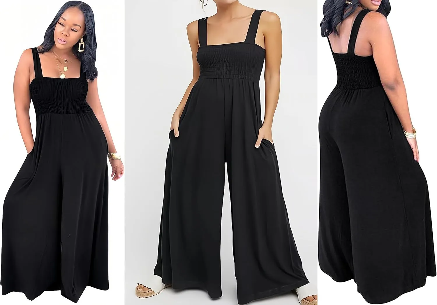 Sexy Jumpsuits for Women Wide Leg Vacation Outfits with Pockets Off Shoulder Casual Rompers Sleeveless Backless