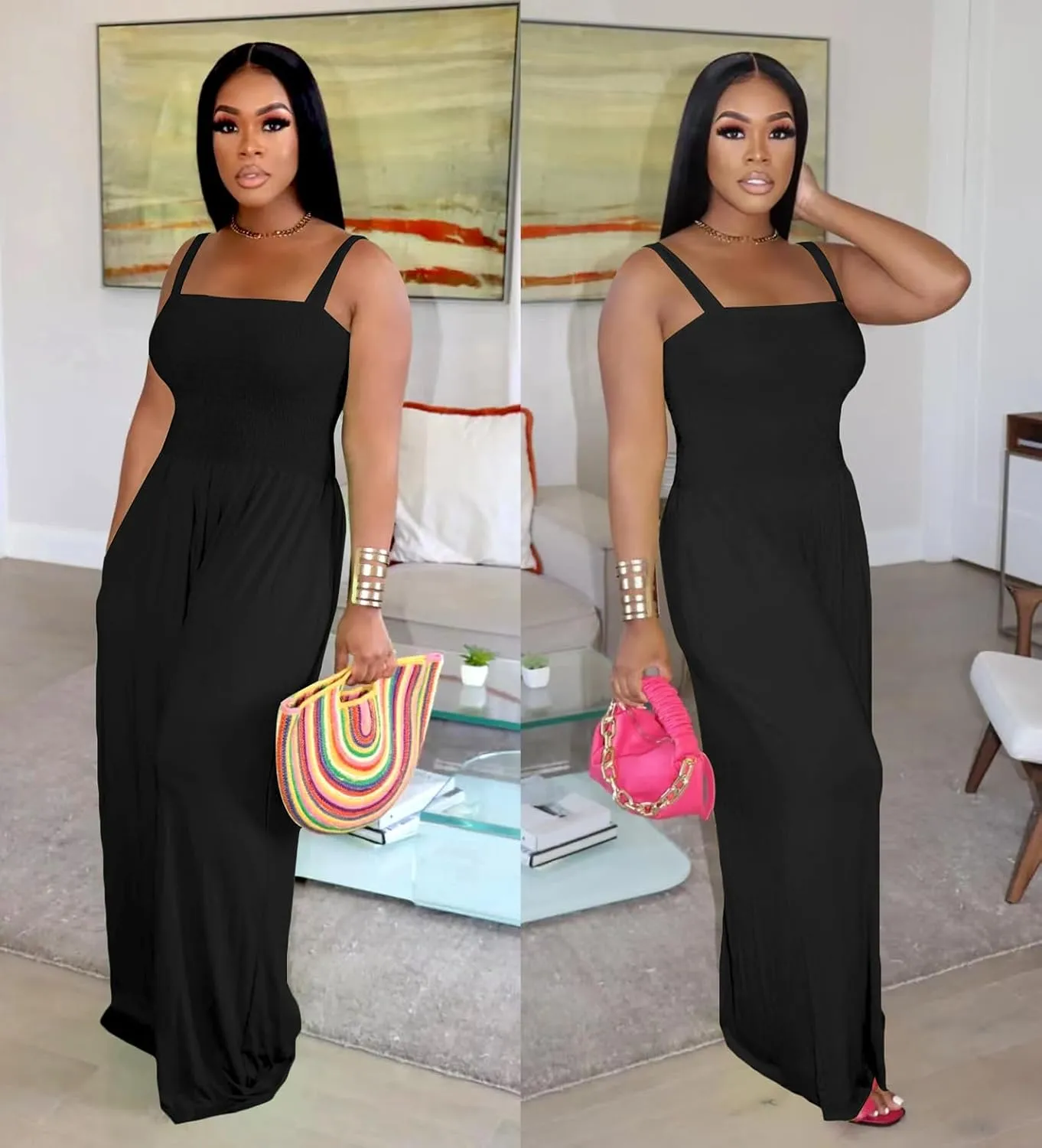 Sexy Jumpsuits for Women Wide Leg Vacation Outfits with Pockets Off Shoulder Casual Rompers Sleeveless Backless