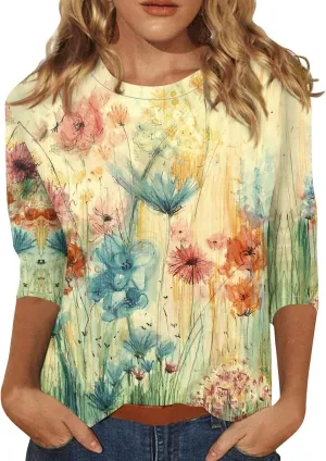 Shirts for Women Trendy Summer O-Neck 3/4 Sleeve Shirts Casual Loose Fit Blouses Printed Trendy Tunic Cute Basic Clothing