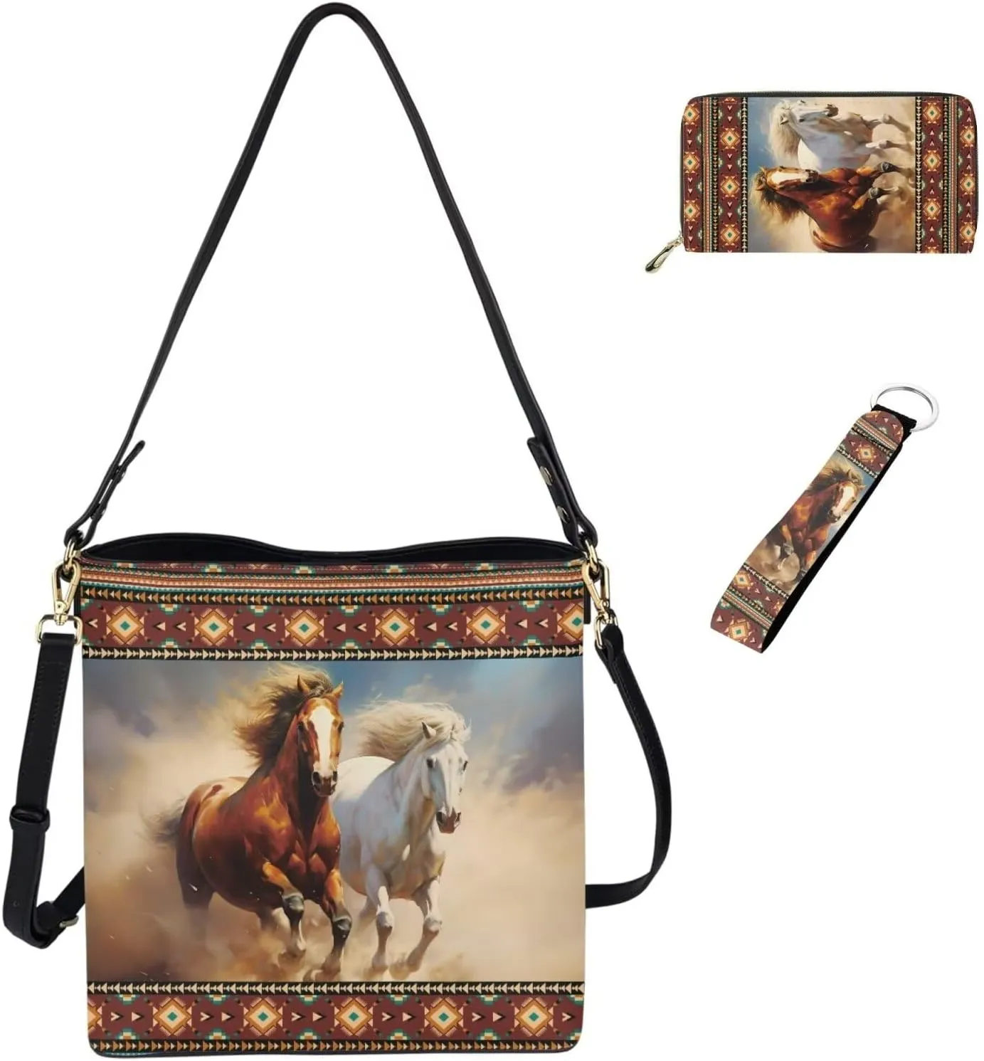 Shoulder Bag for Women Travel 3 Pcs Leather Bucket Bag with Long Style Wallet and Wristlet Keychain