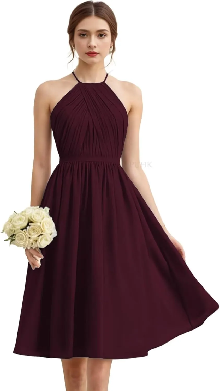 SIPUHK Short Bridesmaid Dresses for Wedding Halter-Neck Formal Dress Ruched Chiffon Backless Elegant Evening Gowns for Women