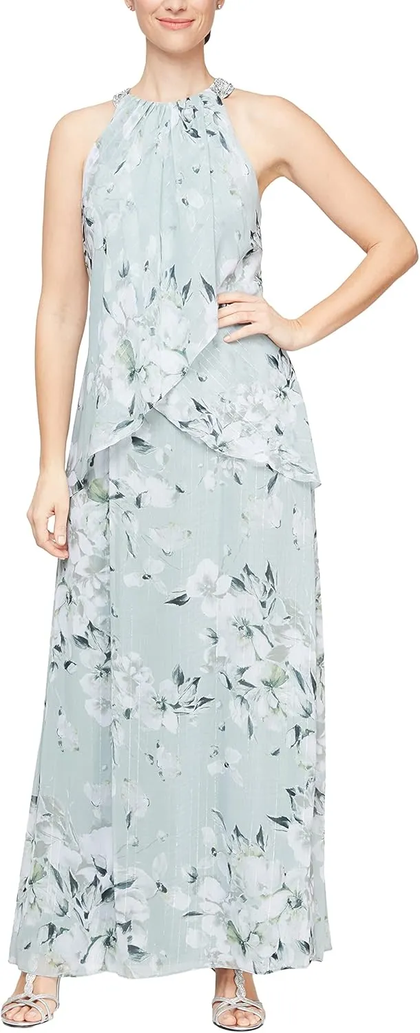 S.L. Fashions Women's Long Maxi Chiffon Gown with Jewel Halter Neck Dress