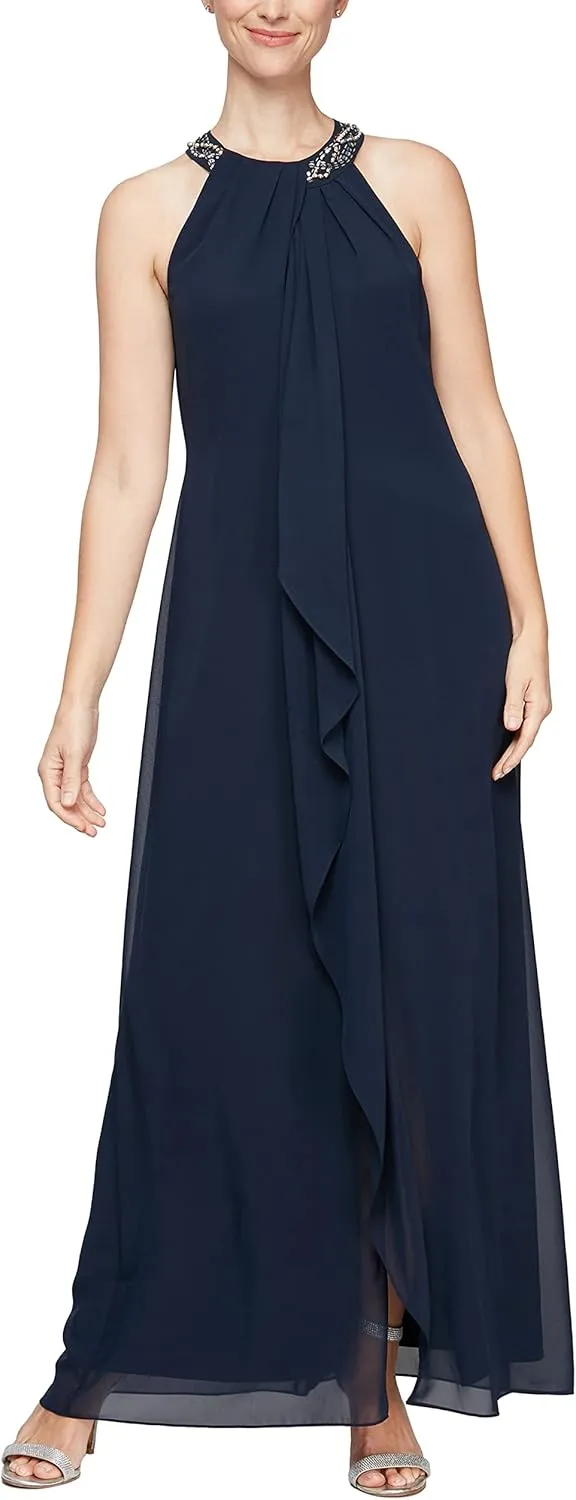 S.L. Fashions Women's Long Maxi Chiffon Gown with Jewel Halter Neck Dress