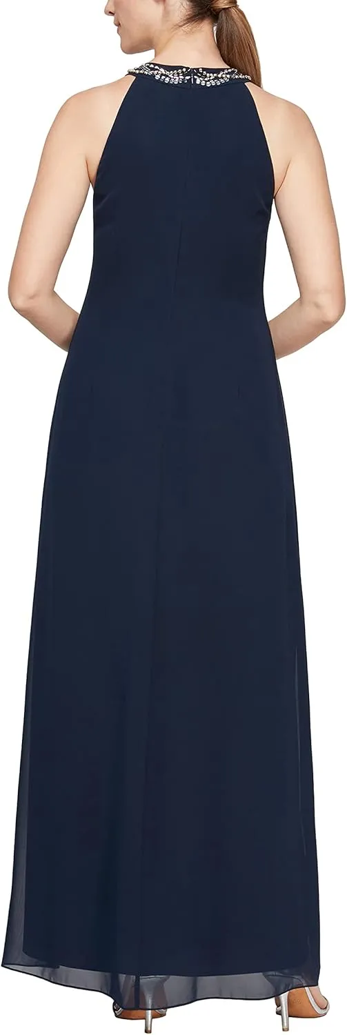 S.L. Fashions Women's Long Maxi Chiffon Gown with Jewel Halter Neck Dress