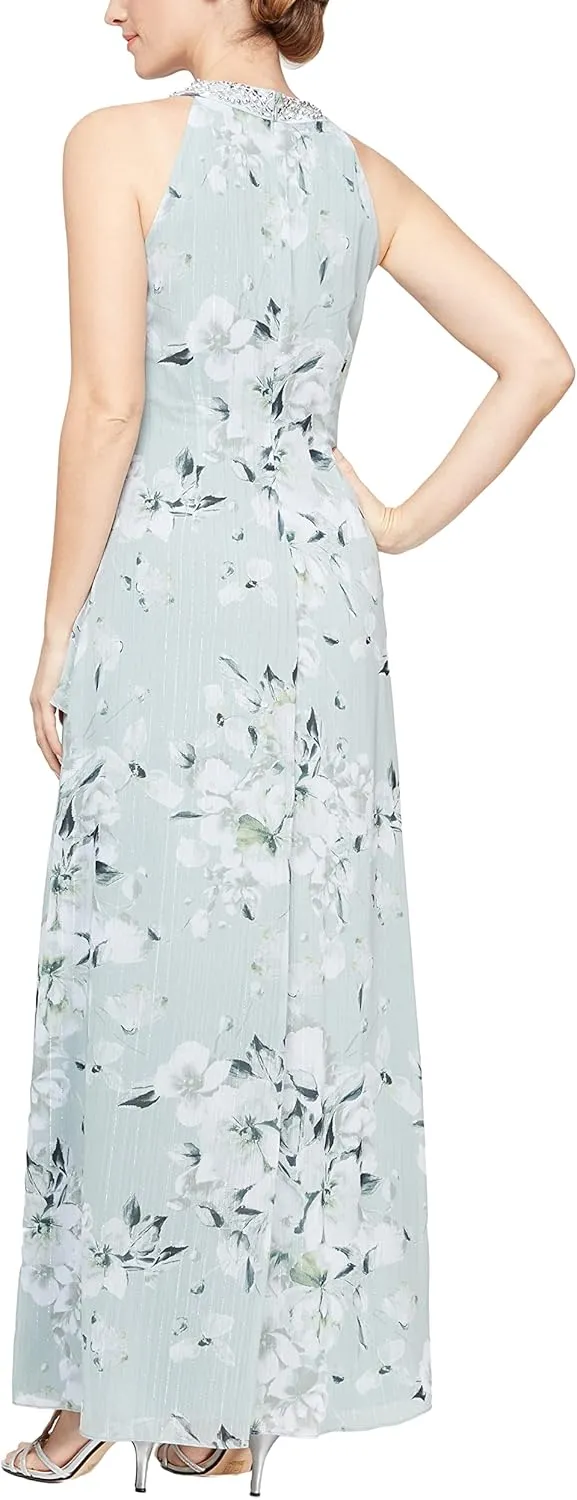 S.L. Fashions Women's Long Maxi Chiffon Gown with Jewel Halter Neck Dress