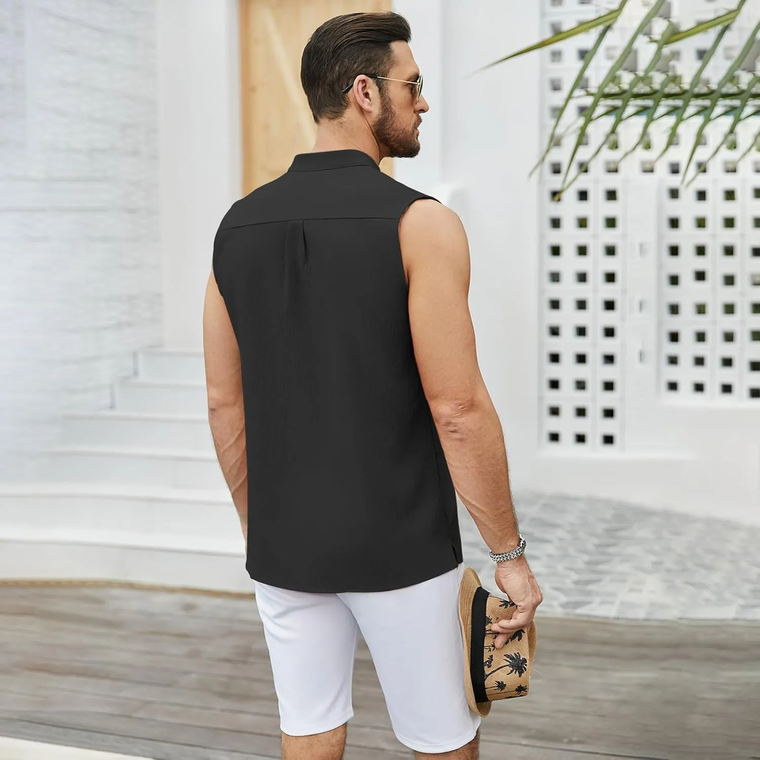 Sleeveless Beach Shirts for Men Summer Casual Tank Top Button Down Henley T-Shirts
