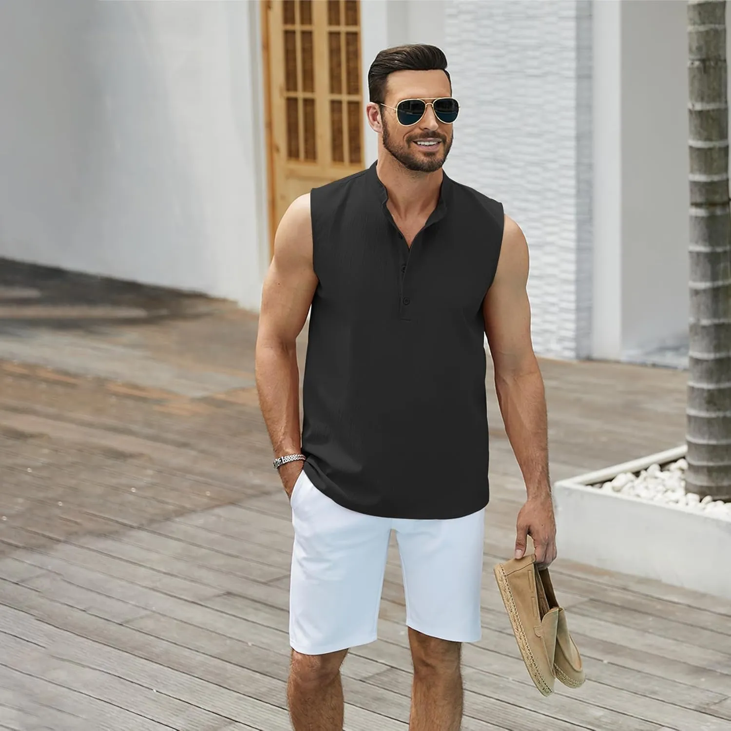 Sleeveless Beach Shirts for Men Summer Casual Tank Top Button Down Henley T-Shirts