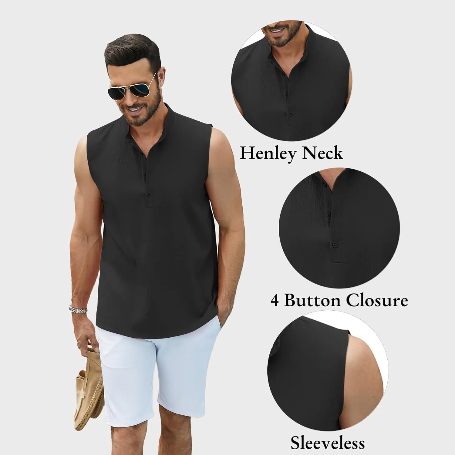 Sleeveless Beach Shirts for Men Summer Casual Tank Top Button Down Henley T-Shirts