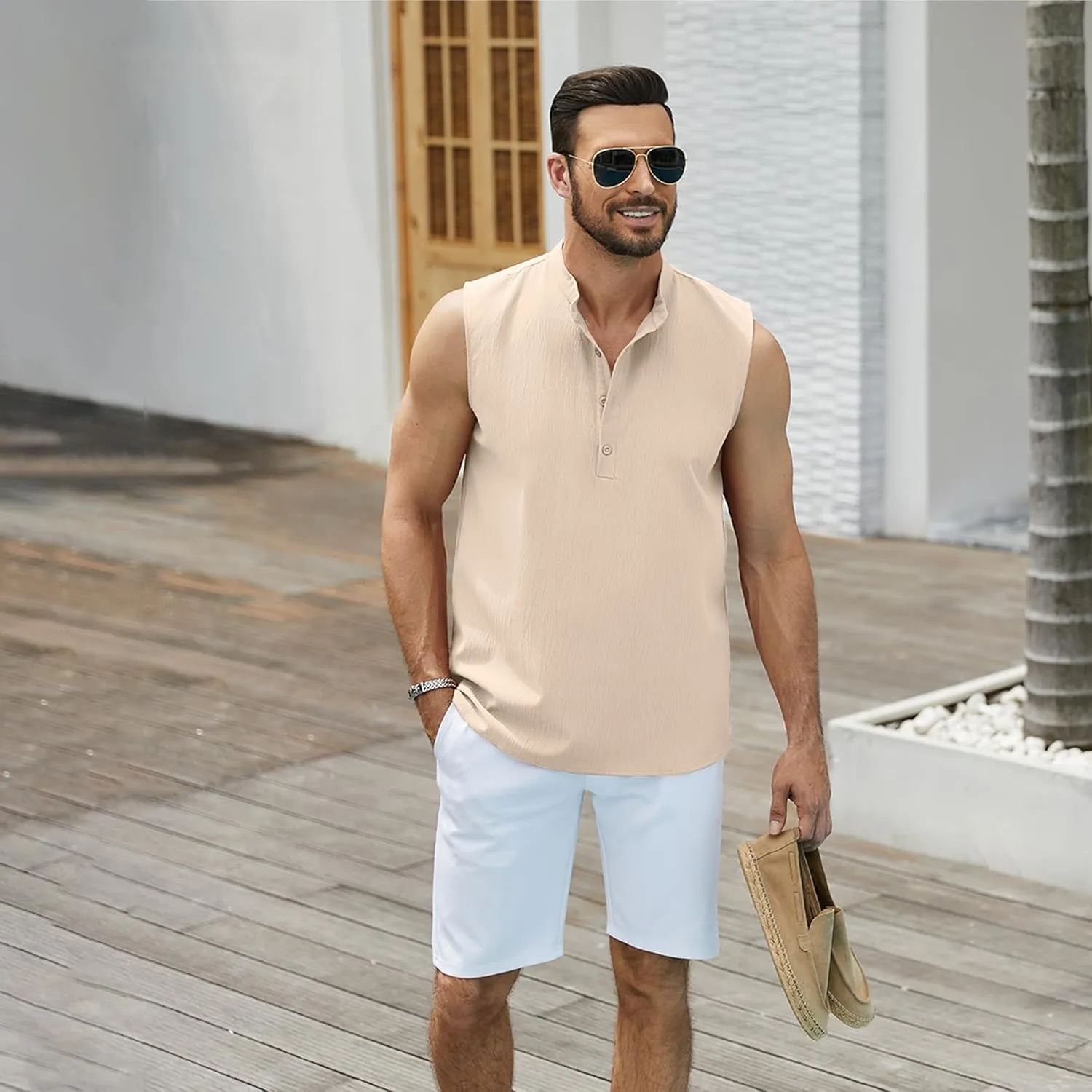 Sleeveless Beach Shirts for Men Summer Casual Tank Top Button Down Henley T-Shirts
