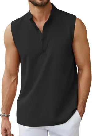 Sleeveless Beach Shirts for Men Summer Casual Tank Top Button Down Henley T-Shirts