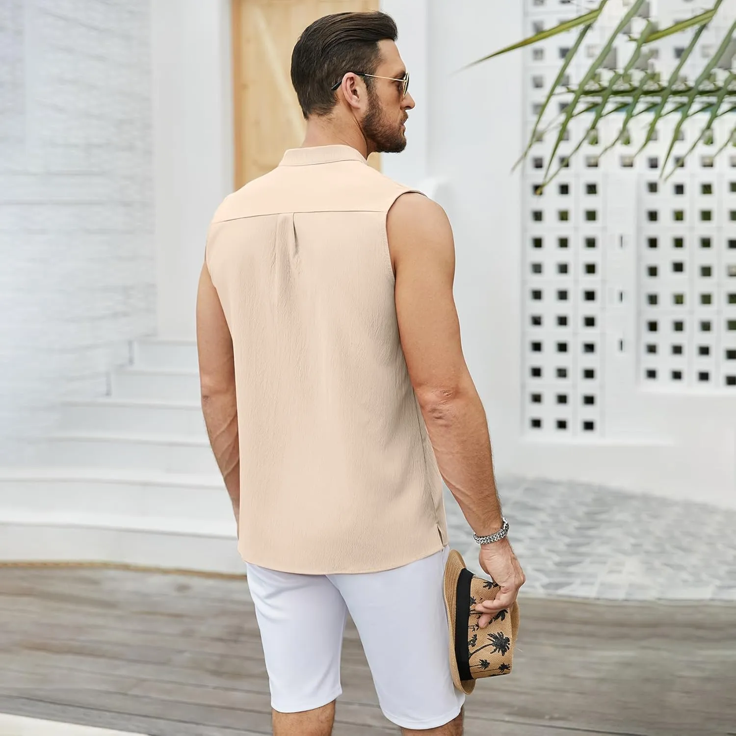 Sleeveless Beach Shirts for Men Summer Casual Tank Top Button Down Henley T-Shirts