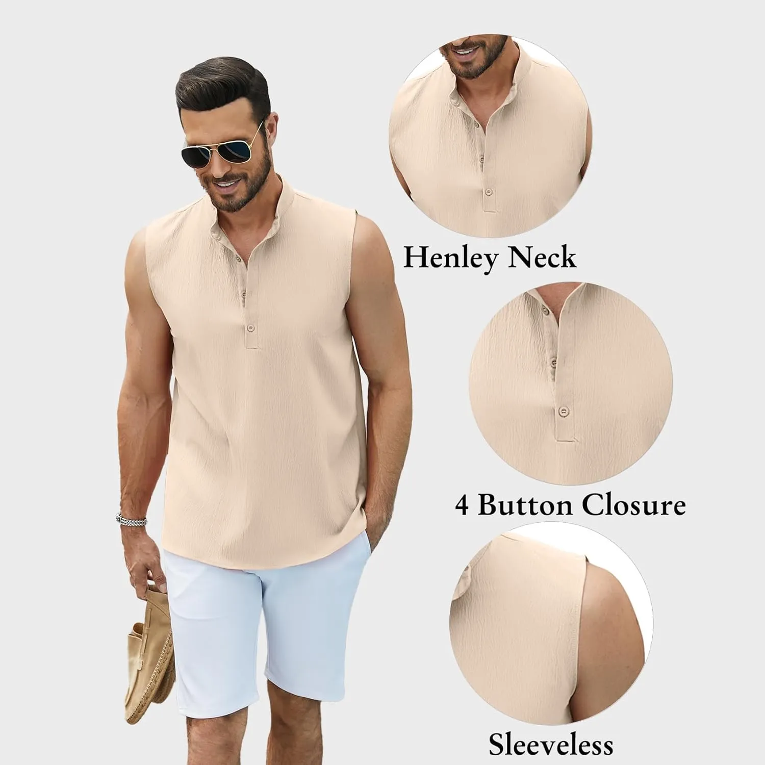 Sleeveless Beach Shirts for Men Summer Casual Tank Top Button Down Henley T-Shirts