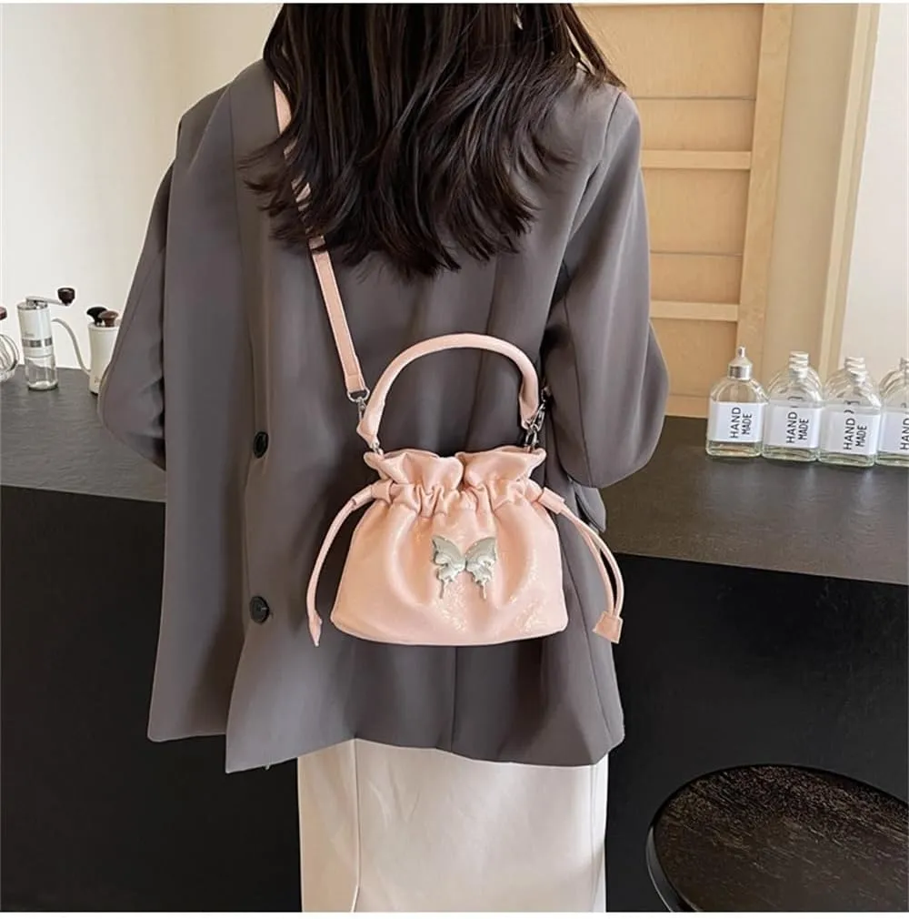Small Butterfly Print Drawstring Bucket Tote Bag for Women Hobo Crossbody Bucket Handbag Cute Y2k Butterfly Bag