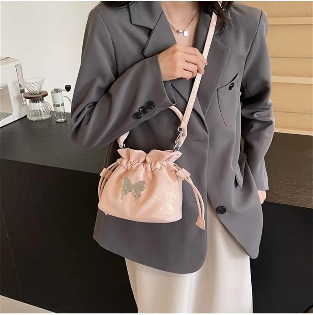 Small Butterfly Print Drawstring Bucket Tote Bag for Women Hobo Crossbody Bucket Handbag Cute Y2k Butterfly Bag