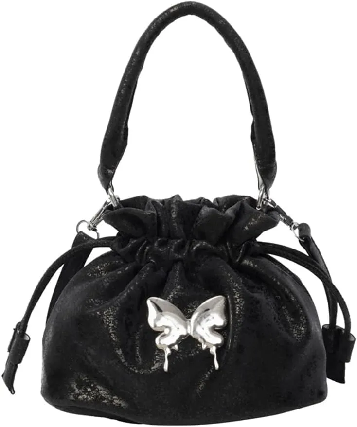 Small Butterfly Print Drawstring Bucket Tote Bag for Women Hobo Crossbody Bucket Handbag Cute Y2k Butterfly Bag