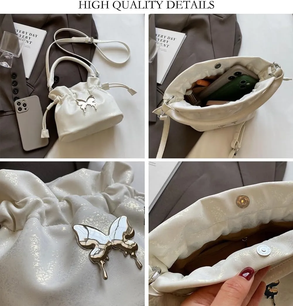 Small Butterfly Print Drawstring Bucket Tote Bag for Women Hobo Crossbody Bucket Handbag Cute Y2k Butterfly Bag