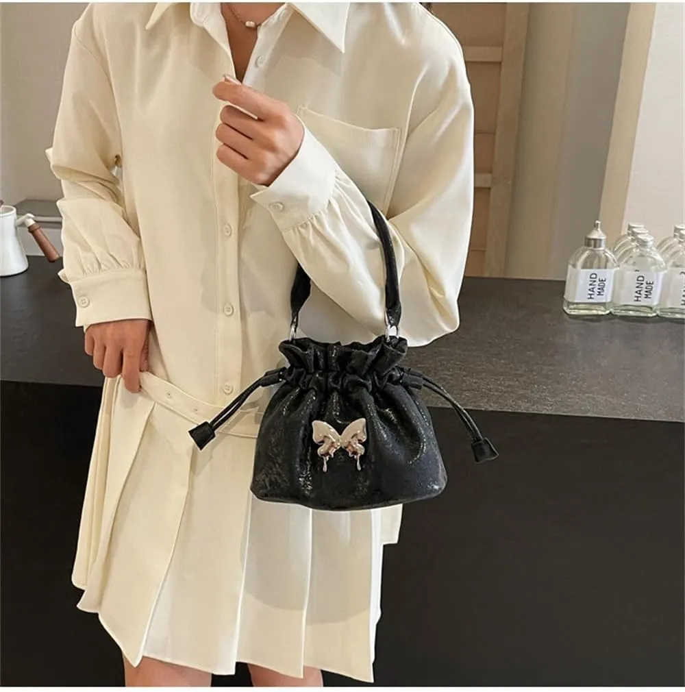 Small Butterfly Print Drawstring Bucket Tote Bag for Women Hobo Crossbody Bucket Handbag Cute Y2k Butterfly Bag