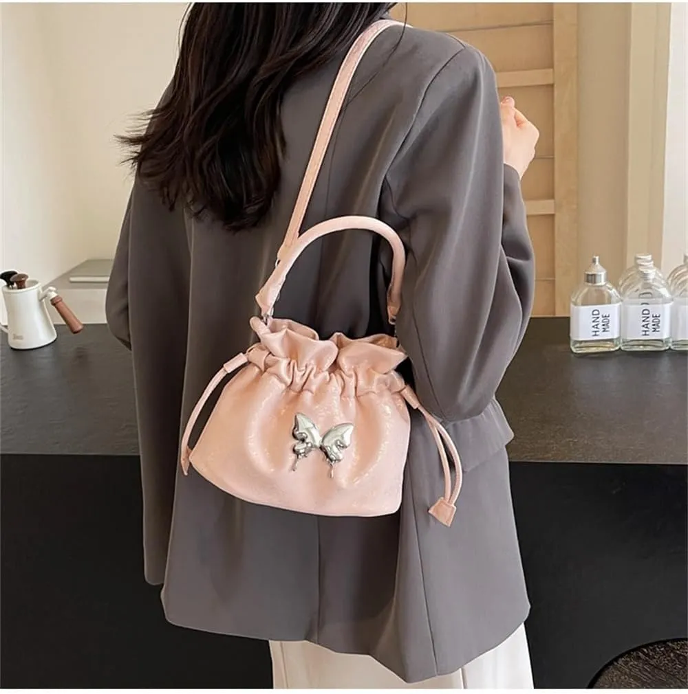 Small Butterfly Print Drawstring Bucket Tote Bag for Women Hobo Crossbody Bucket Handbag Cute Y2k Butterfly Bag