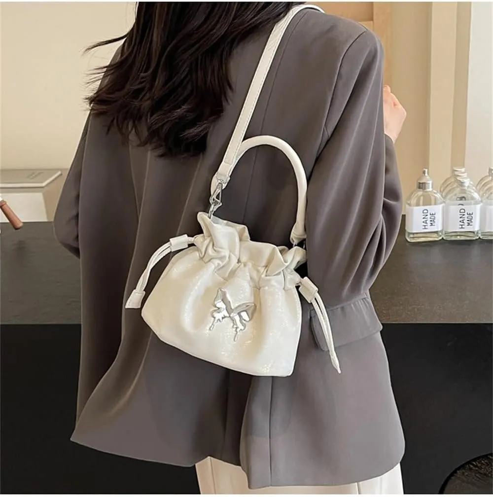 Small Butterfly Print Drawstring Bucket Tote Bag for Women Hobo Crossbody Bucket Handbag Cute Y2k Butterfly Bag