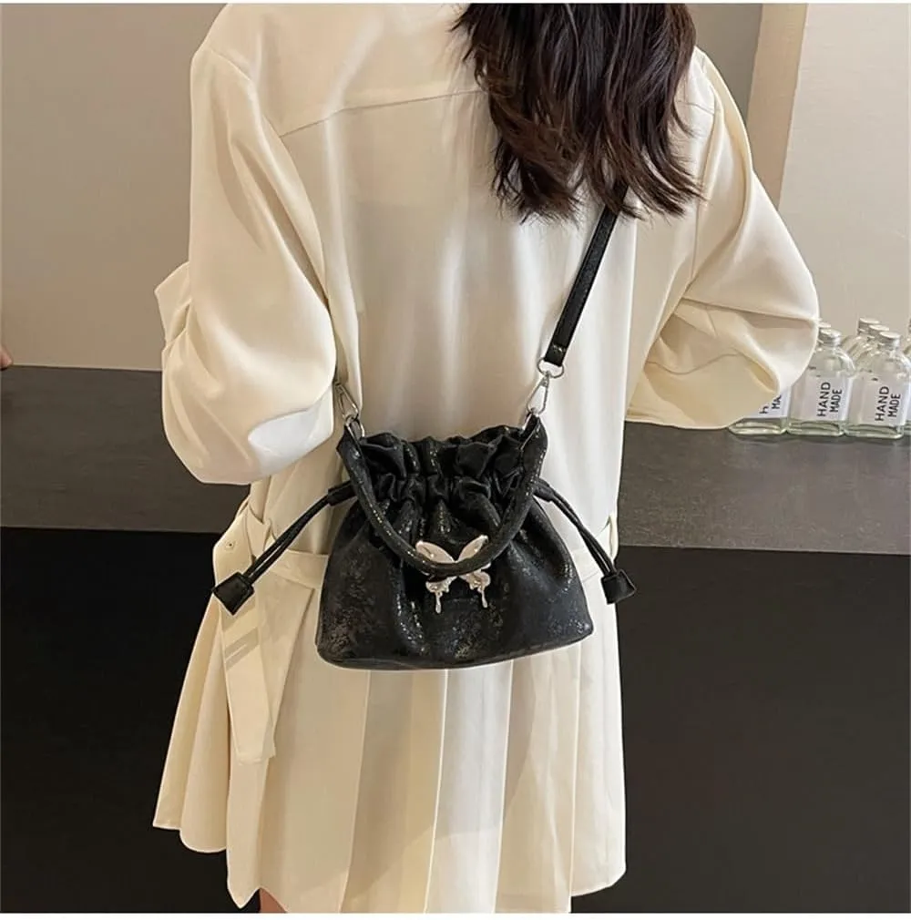 Small Butterfly Print Drawstring Bucket Tote Bag for Women Hobo Crossbody Bucket Handbag Cute Y2k Butterfly Bag