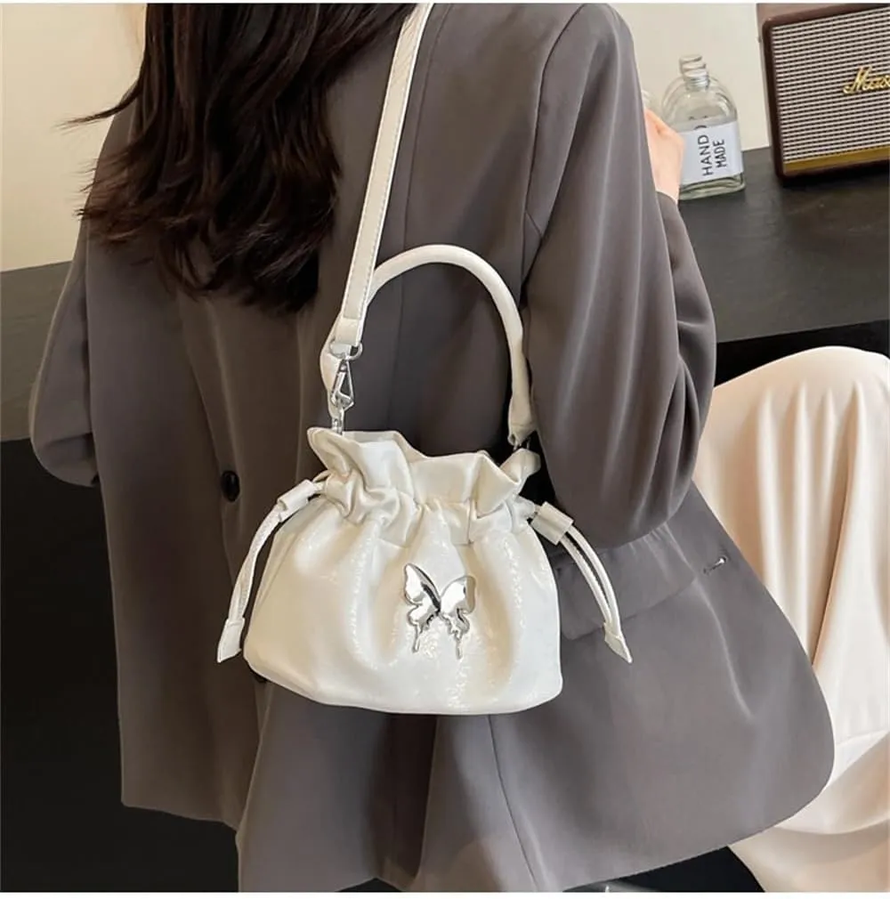 Small Butterfly Print Drawstring Bucket Tote Bag for Women Hobo Crossbody Bucket Handbag Cute Y2k Butterfly Bag