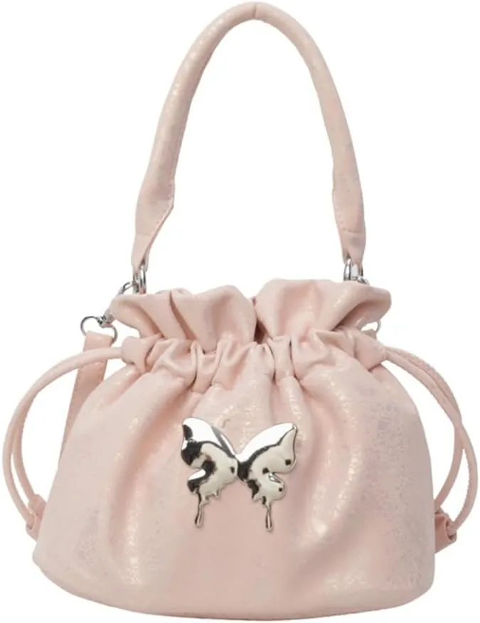 Small Butterfly Print Drawstring Bucket Tote Bag for Women Hobo Crossbody Bucket Handbag Cute Y2k Butterfly Bag