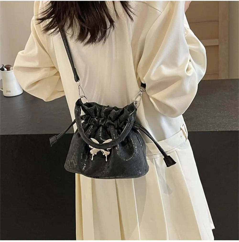 Small Butterfly Print Drawstring Bucket Tote Bag for Women Hobo Crossbody Bucket Handbag Cute Y2k Butterfly Bag