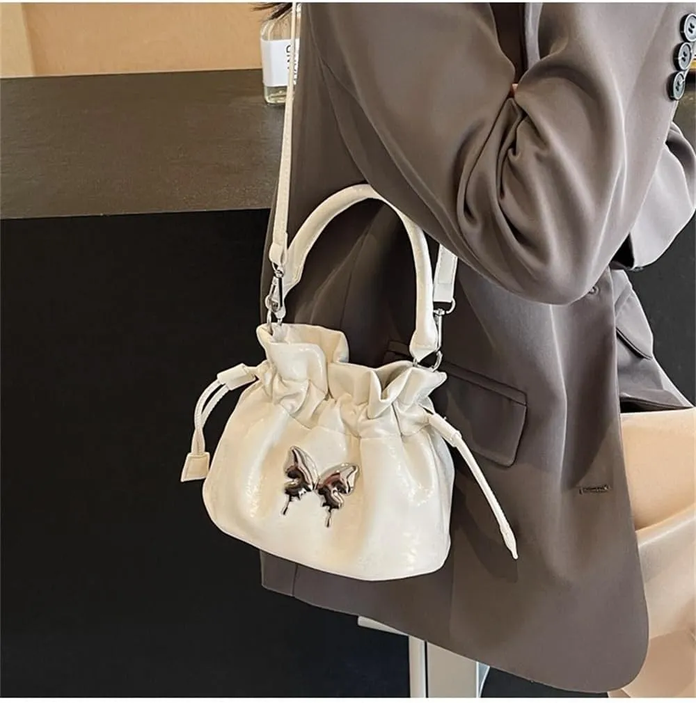 Small Butterfly Print Drawstring Bucket Tote Bag for Women Hobo Crossbody Bucket Handbag Cute Y2k Butterfly Bag