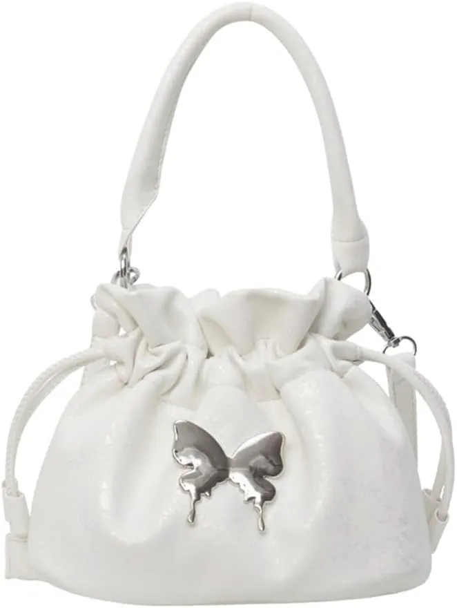Small Butterfly Print Drawstring Bucket Tote Bag for Women Hobo Crossbody Bucket Handbag Cute Y2k Butterfly Bag