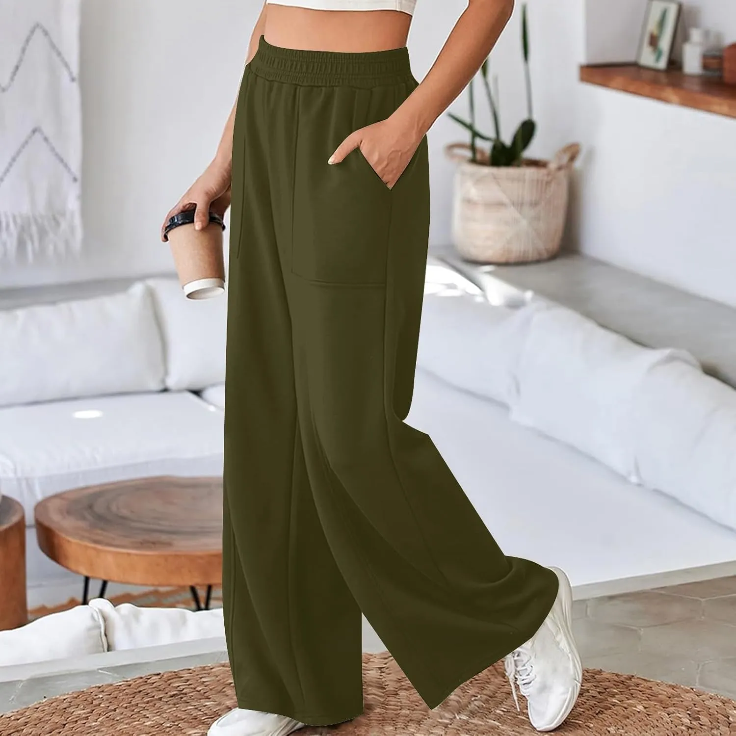 SMIDOW Womens High Waisted Wide Leg Palazzo Pants Trendy Fall Fashion Warm Fleece Sweatpants Workout Long Lounge Trousers