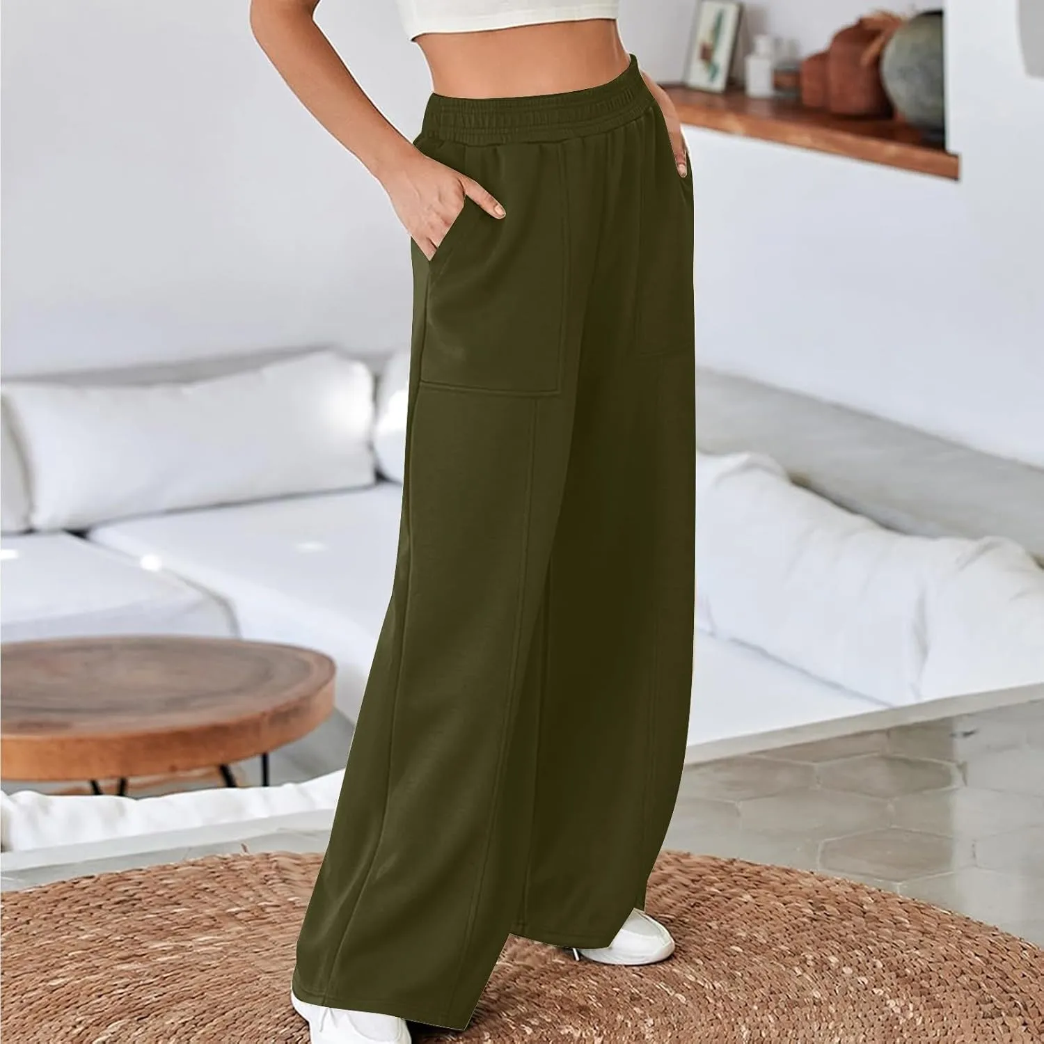 SMIDOW Womens High Waisted Wide Leg Palazzo Pants Trendy Fall Fashion Warm Fleece Sweatpants Workout Long Lounge Trousers