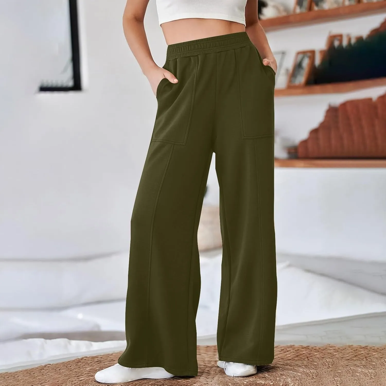 SMIDOW Womens High Waisted Wide Leg Palazzo Pants Trendy Fall Fashion Warm Fleece Sweatpants Workout Long Lounge Trousers