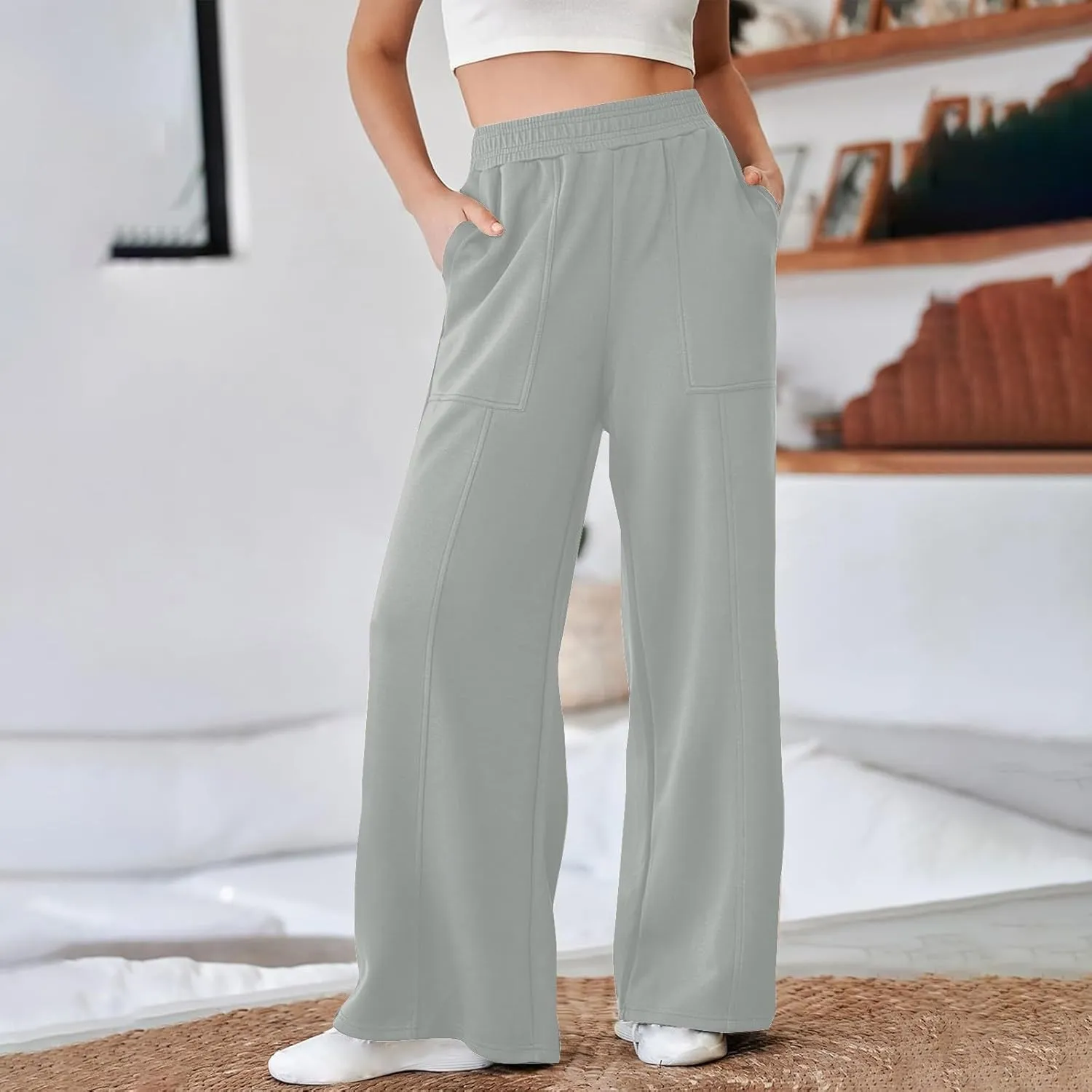 SMIDOW Womens High Waisted Wide Leg Palazzo Pants Trendy Fall Fashion Warm Fleece Sweatpants Workout Long Lounge Trousers