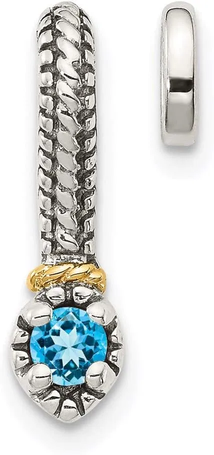 Solid Real 925 Sterling Silver 14k Yellow Gold Blue Topaz Chain Necklace Slide Pendant - 16mm x 4mm
