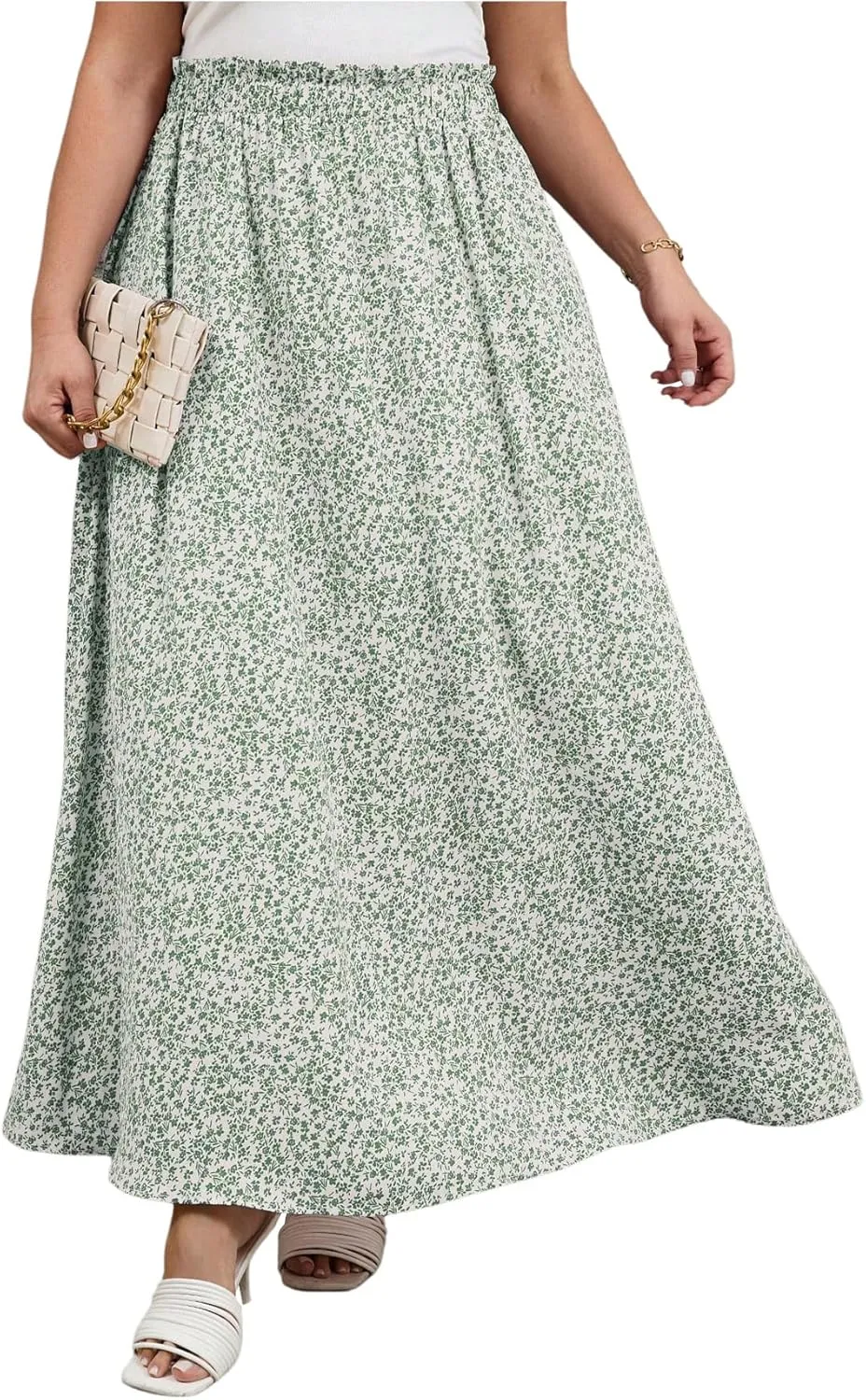 SOLY HUX Women's Plus Size Floral Print Maxi Skirt High Waisted A Line Shirred Flowy Skirts with Pockets