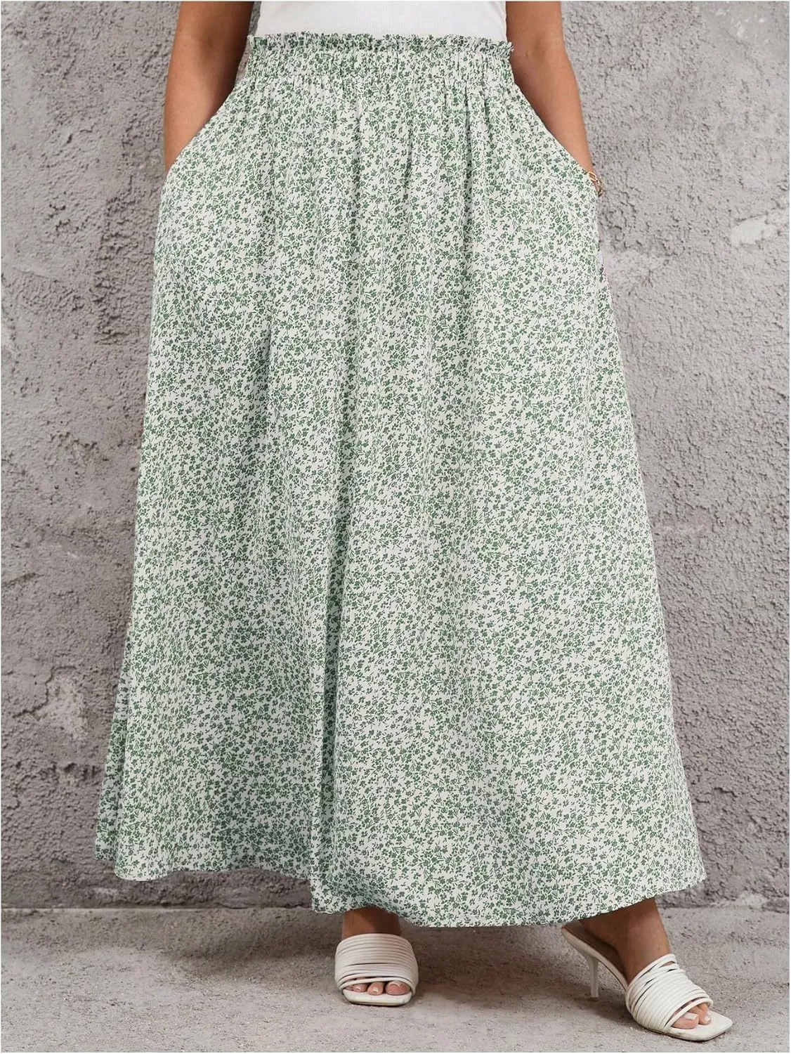 SOLY HUX Women's Plus Size Floral Print Maxi Skirt High Waisted A Line Shirred Flowy Skirts with Pockets