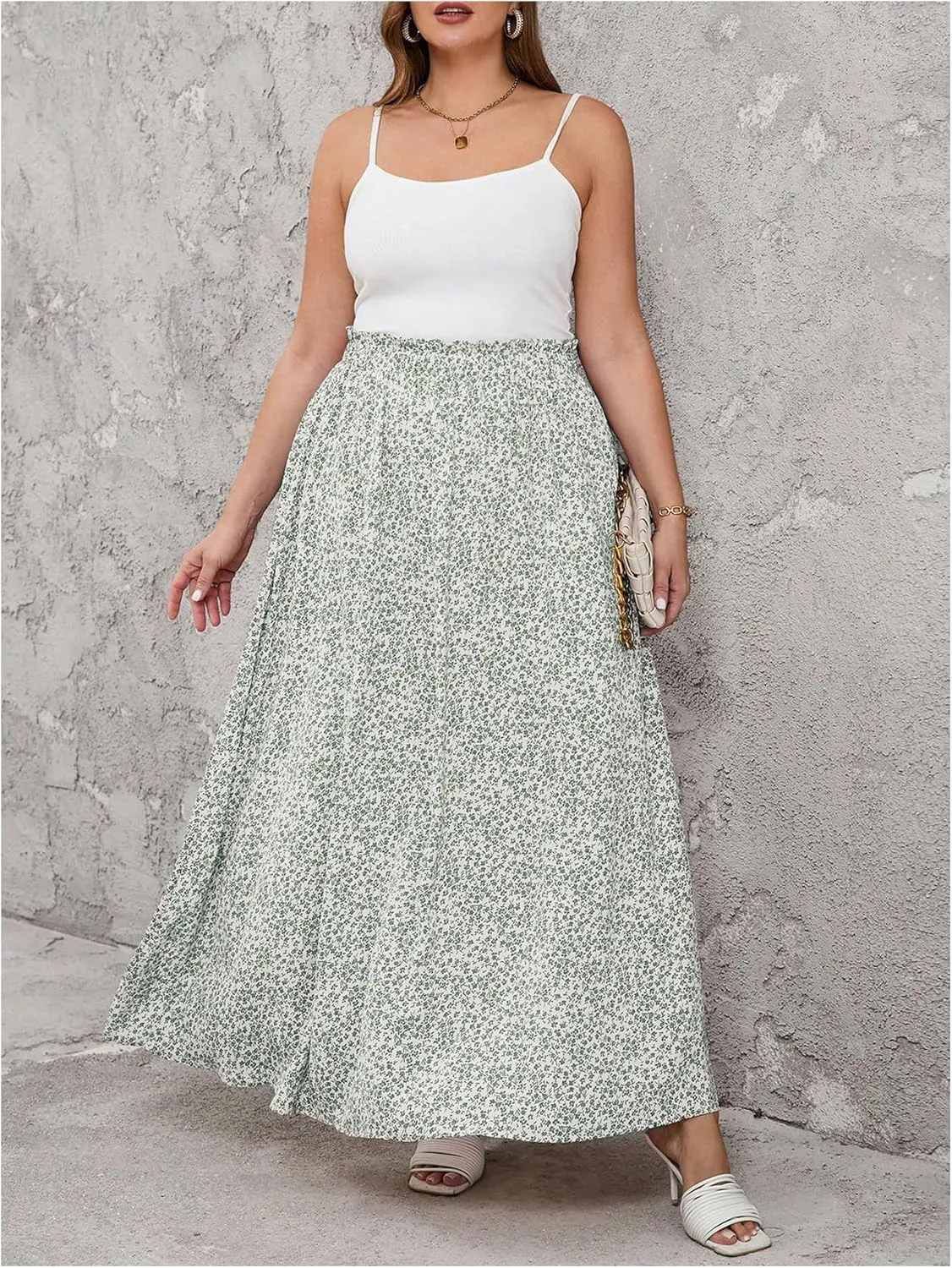 SOLY HUX Women's Plus Size Floral Print Maxi Skirt High Waisted A Line Shirred Flowy Skirts with Pockets