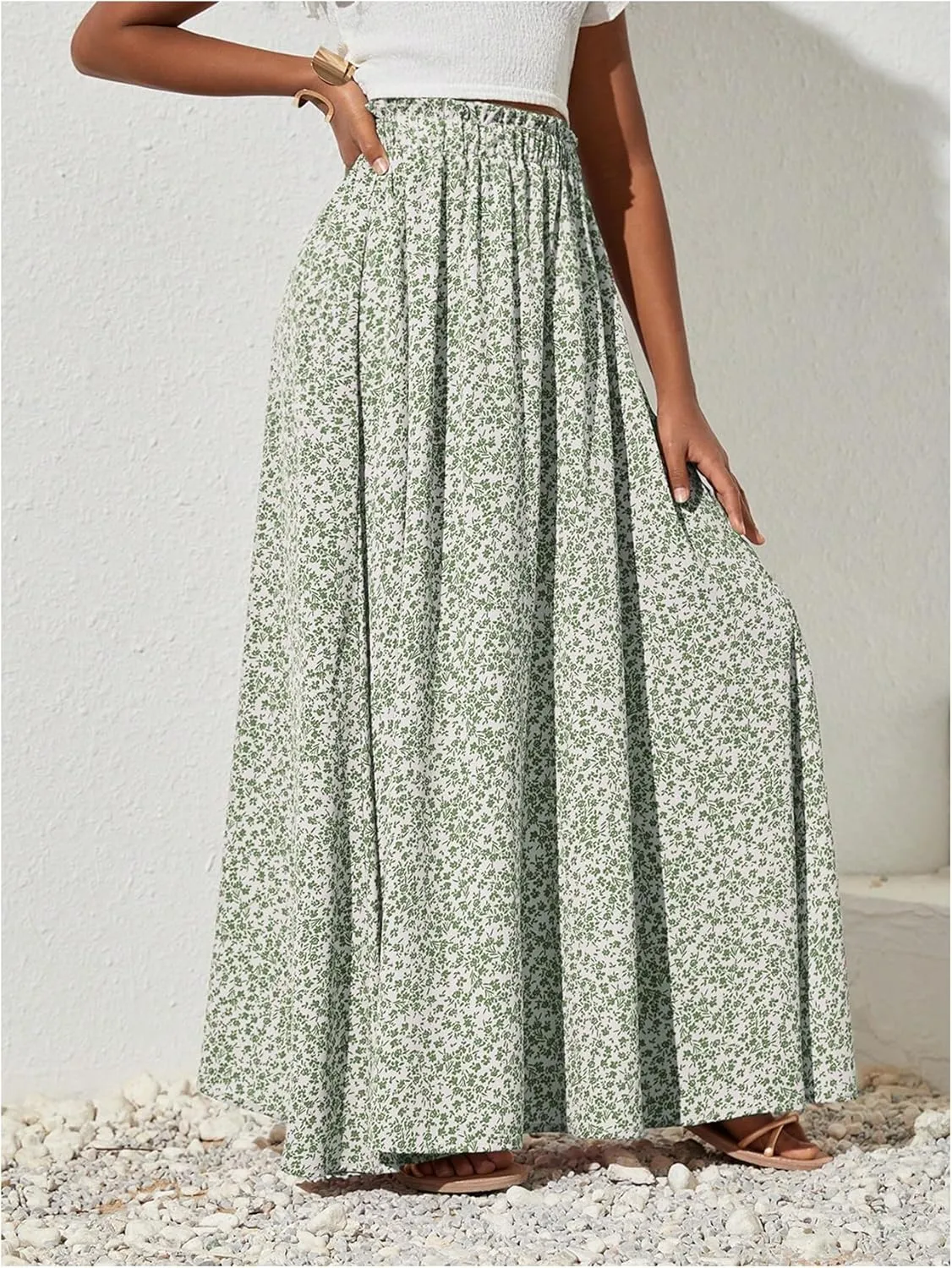 SOLY HUX Women's Plus Size Floral Print Maxi Skirt High Waisted A Line Shirred Flowy Skirts with Pockets