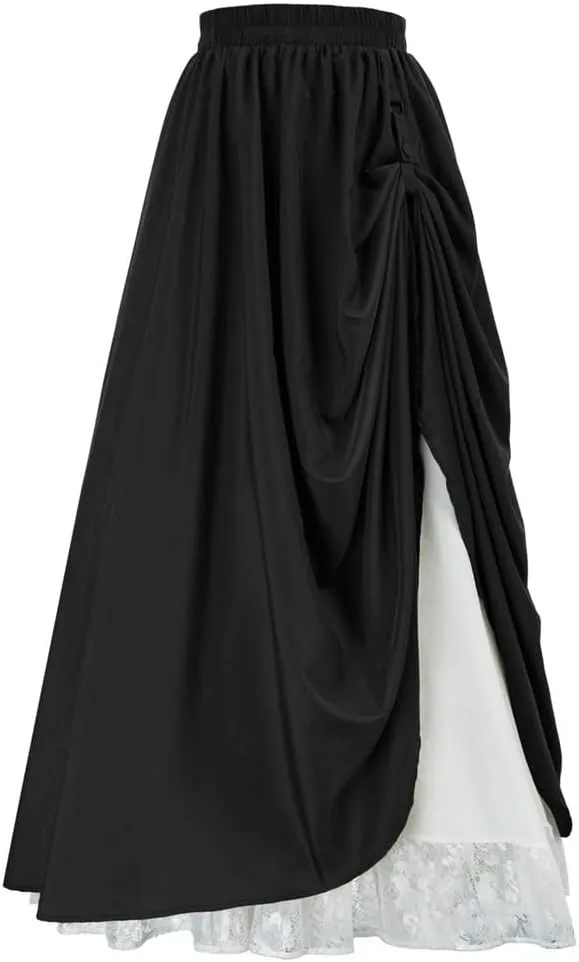 Sorrica Women Goth Steampunk Skirt Renaissance Long Skirt High Waist Double Layers Lace Skirt