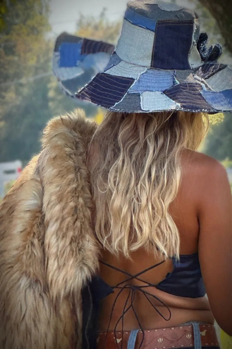 Soulful Hippie Sun Hat - Blue Denim Patchwork