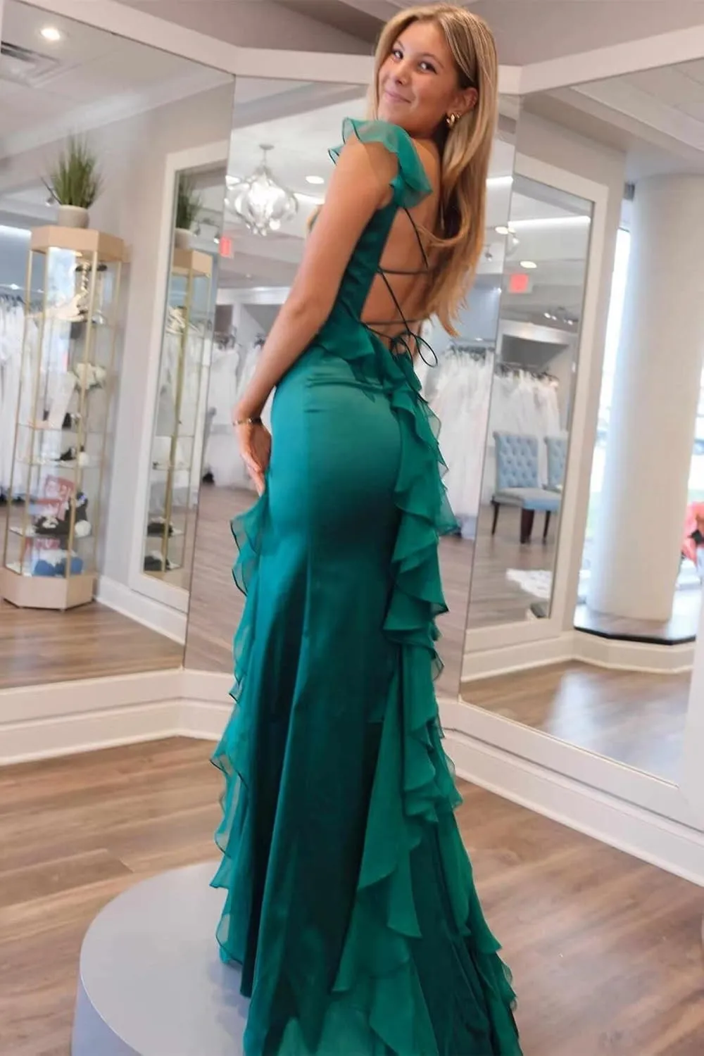 Spaghetti Straps Satin Prom Party Long Women's Formal Dresses 2025 with Flowy Chiffon Ruffles Evening Gowns