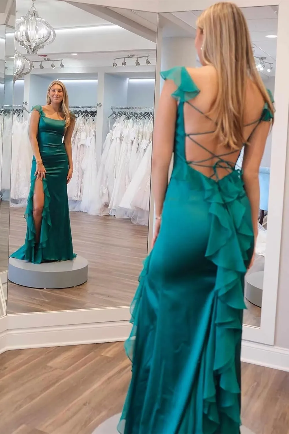 Spaghetti Straps Satin Prom Party Long Women's Formal Dresses 2025 with Flowy Chiffon Ruffles Evening Gowns