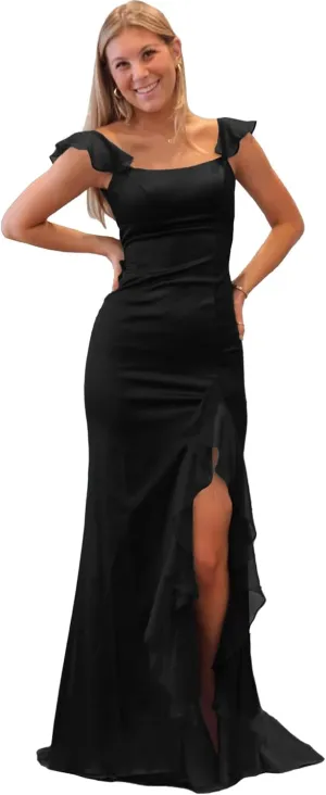 Spaghetti Straps Satin Prom Party Long Women's Formal Dresses 2025 with Flowy Chiffon Ruffles Evening Gowns