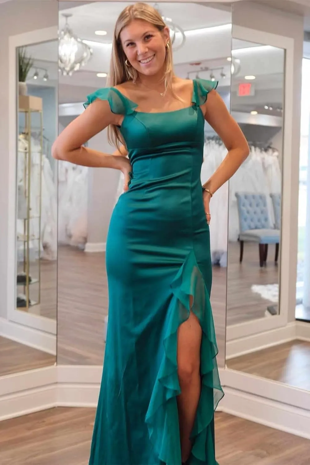 Spaghetti Straps Satin Prom Party Long Women's Formal Dresses 2025 with Flowy Chiffon Ruffles Evening Gowns