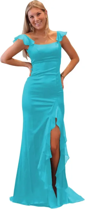 Spaghetti Straps Satin Prom Party Long Women's Formal Dresses 2025 with Flowy Chiffon Ruffles Evening Gowns