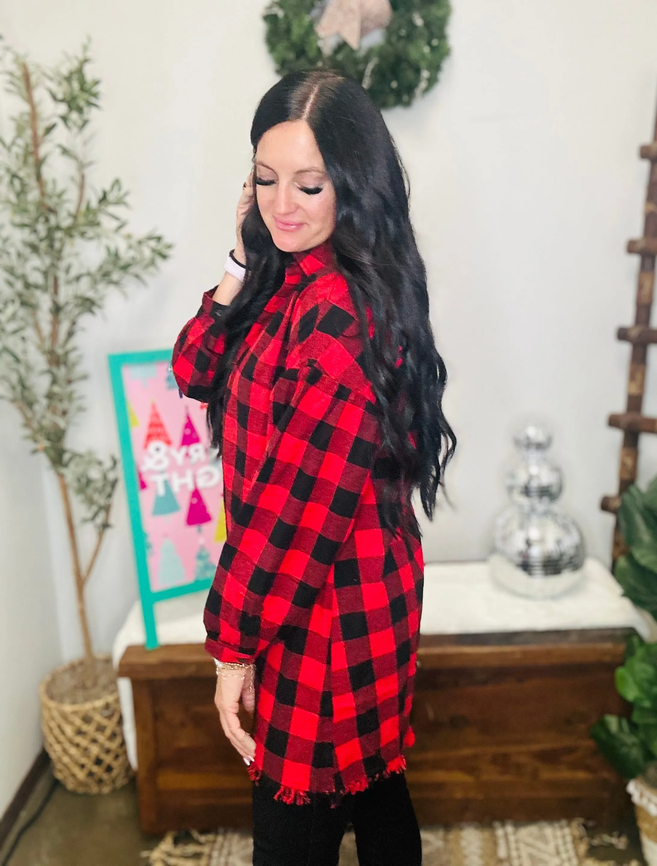 Starla Oversized Red Buffalo Plaid Shirt