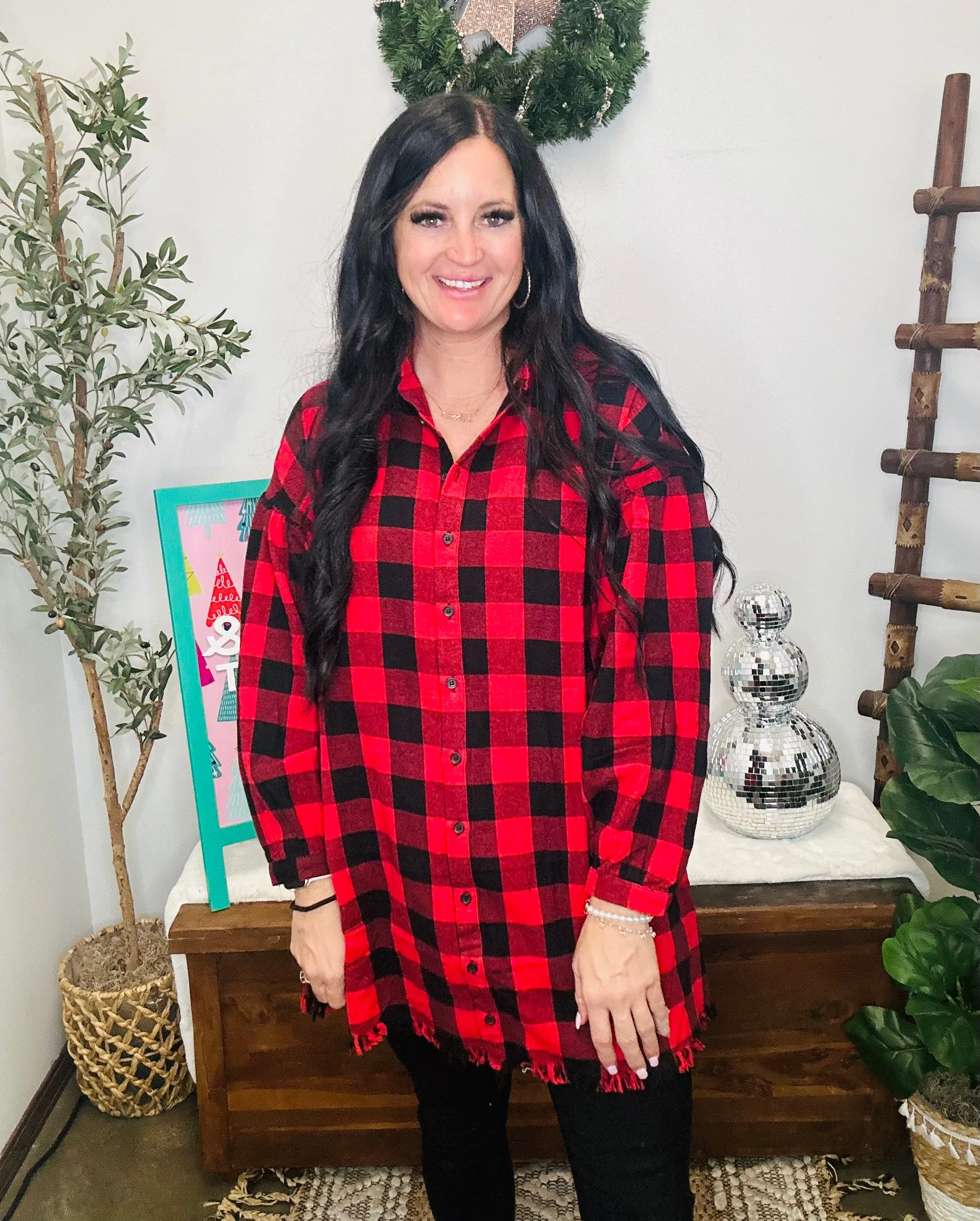Starla Oversized Red Buffalo Plaid Shirt